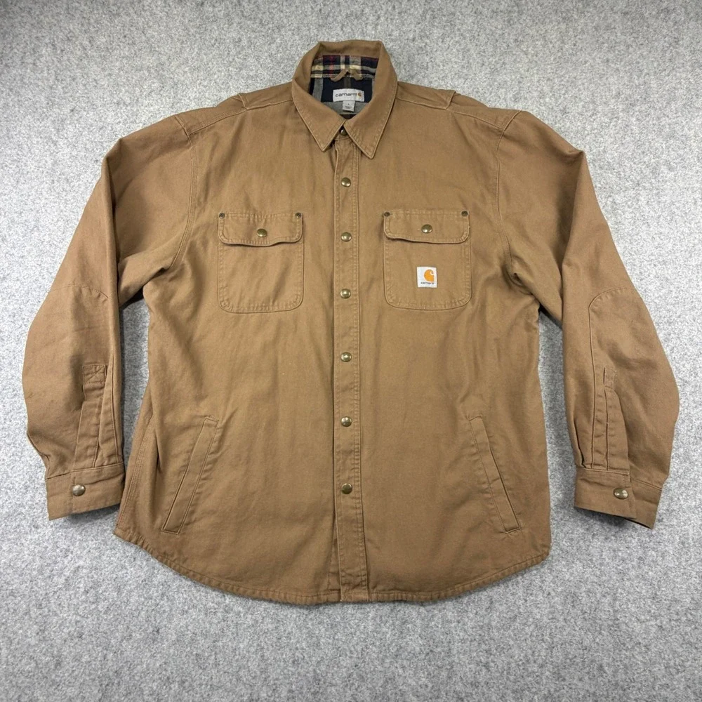 Carhartt Mens Brown Duck Flannel Lined Shirt Jacket Snap Front 100590 Size L